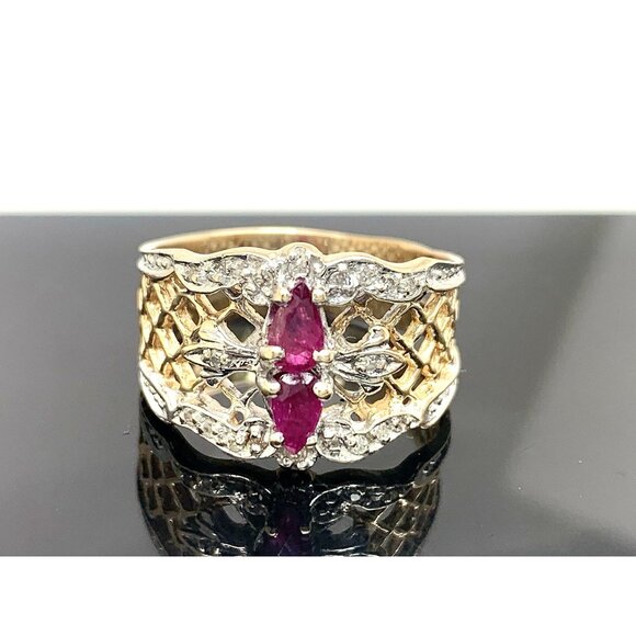 14k Yellow Gold Ruby Diamond Statement Cocktail Estate Jewelry Women's Size 7.75